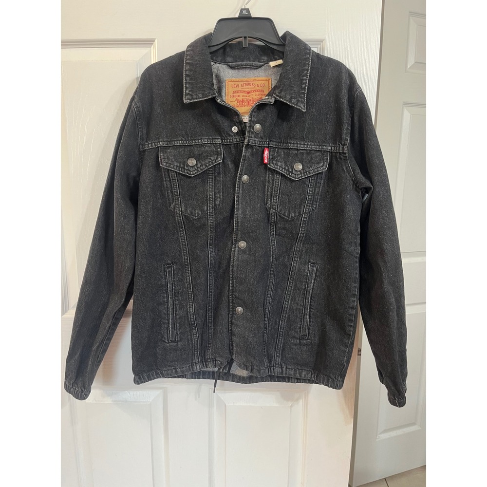 Levis Premium Mens Trucker Jacket Black Denim Blue Logo Side Stripe Size M